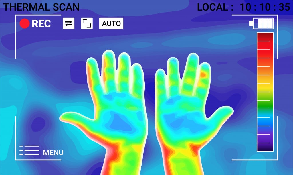 Gambar vektorial gráfico de la imagen térmica Escaneo de las Manos y el dedo sobre fondo borroso.  Espektro Elektromagnetik.