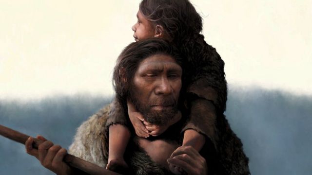 Seorang Neanderthal dengan putrinya di pundaknya