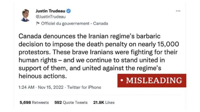 Perdana Menteri Kanada Justin Trudeau menghapus postingan media sosial yang berisi klaim menyesatkan bahwa otoritas Iran telah menghukum mati 15.000 pengunjuk rasa yang ditahan. 